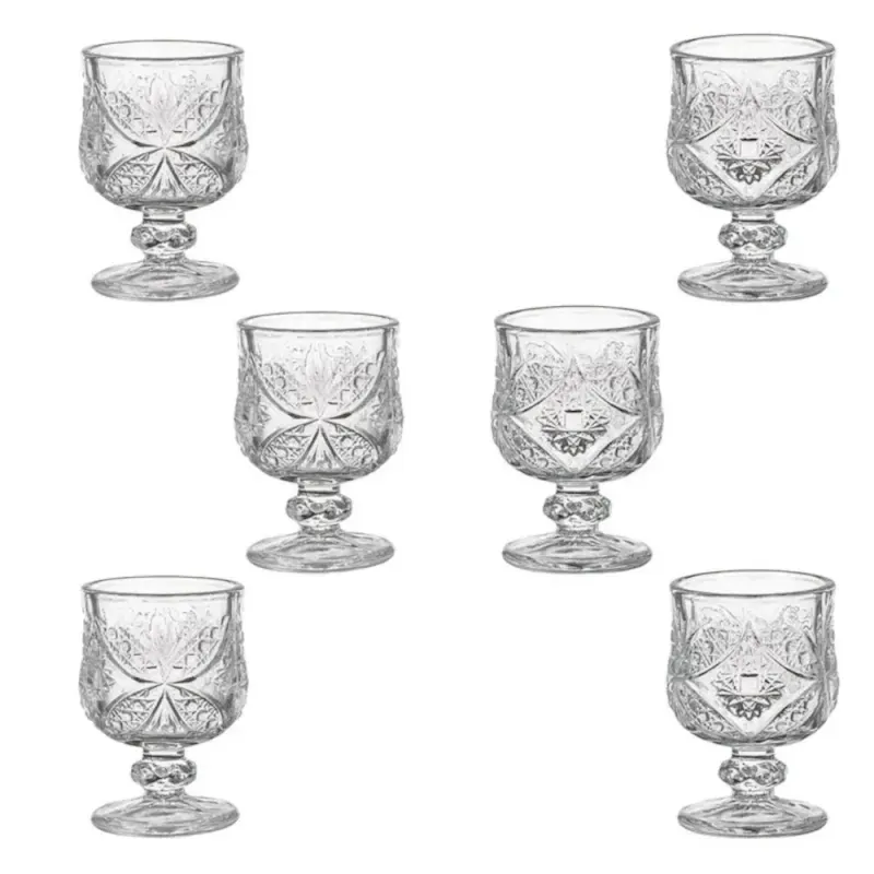 Casa si Gradina - Bucatarie si vesela - Cani si pahare - Pahare - Set 6 Pahare din Sticla cu Picior Decorativ Model Vintage Elegant, Capacitate 45 ml Ideal pentru Lichior si Aperitive - Infinity.ro