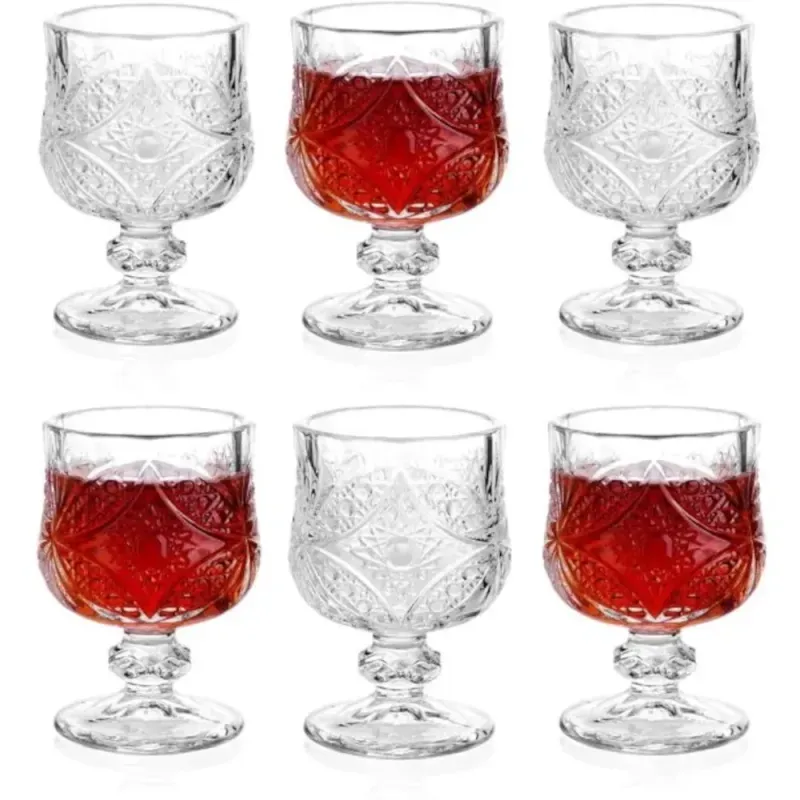 Casa si Gradina - Bucatarie si vesela - Cani si pahare - Pahare - Set 6 Pahare din Sticla cu Picior Decorativ Model Vintage Elegant, Capacitate 45 ml Ideal pentru Lichior si Aperitive - Infinity.ro