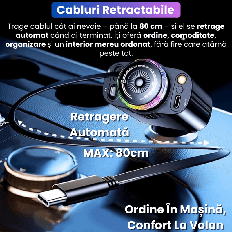 Laptop, Telefoane si Tablete - Telefoane mobile si accesorii - Accesorii Telefoane - Incarcatoare telefoane - Incarcator Auto 5-in-1 cu Cabluri Retractabile Type-C 45W PD si Lightning, Aromaterapie Fara Apa, Lumina LED Starry Sky - Infinity.ro