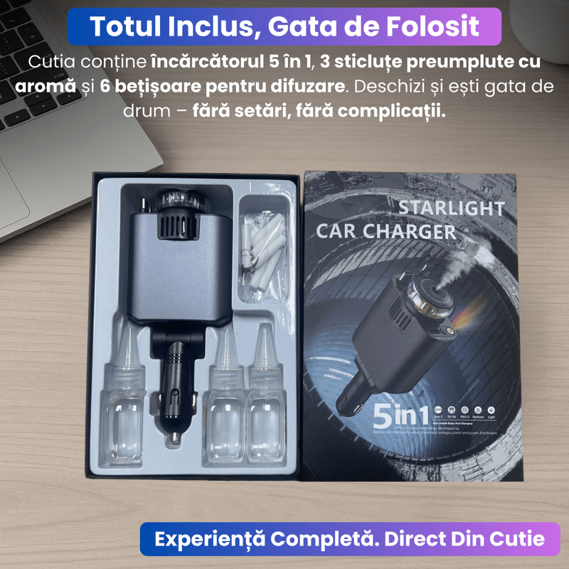 Laptop, Telefoane si Tablete - Telefoane mobile si accesorii - Accesorii Telefoane - Incarcatoare telefoane - Incarcator Auto 5-in-1 cu Cabluri Retractabile Type-C 45W PD si Lightning, Aromaterapie Fara Apa, Lumina LED Starry Sky - Infinity.ro