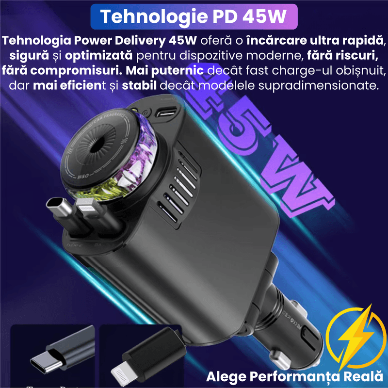 Laptop, Telefoane si Tablete - Telefoane mobile si accesorii - Accesorii Telefoane - Incarcatoare telefoane - Incarcator Auto 5-in-1 cu Cabluri Retractabile Type-C 45W PD si Lightning, Aromaterapie Fara Apa, Lumina LED Starry Sky - Infinity.ro