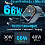 Laptop, Telefoane si Tablete - Telefoane mobile si accesorii - Accesorii Telefoane - Incarcatoare telefoane - Incarcator Auto Retractabil 4-in-1, 66W, Cabluri Retractabile Lightning & Type-C, USB-A si USB-C, Proiectie Stelara - Infinity.ro