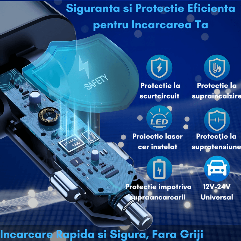 Laptop, Telefoane si Tablete - Telefoane mobile si accesorii - Accesorii Telefoane - Incarcatoare telefoane - Incarcator Auto Retractabil 4-in-1, 66W, Cabluri Retractabile Lightning & Type-C, USB-A si USB-C, Proiectie Stelara - Infinity.ro