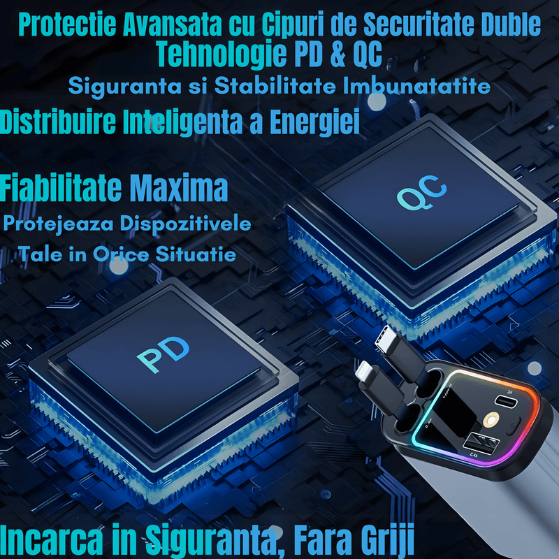 Laptop, Telefoane si Tablete - Telefoane mobile si accesorii - Accesorii Telefoane - Incarcatoare telefoane - Incarcator Auto Retractabil 4-in-1, 66W, Cabluri Retractabile Lightning & Type-C, USB-A si USB-C, Proiectie Stelara - Infinity.ro