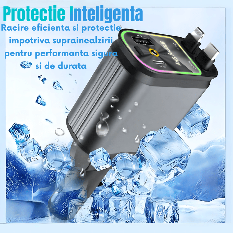 Laptop, Telefoane si Tablete - Telefoane mobile si accesorii - Accesorii Telefoane - Incarcatoare telefoane - Incarcator Auto Retractabil 4-in-1, 66W, Cabluri Retractabile Lightning & Type-C, USB-A si USB-C, Proiectie Stelara - Infinity.ro