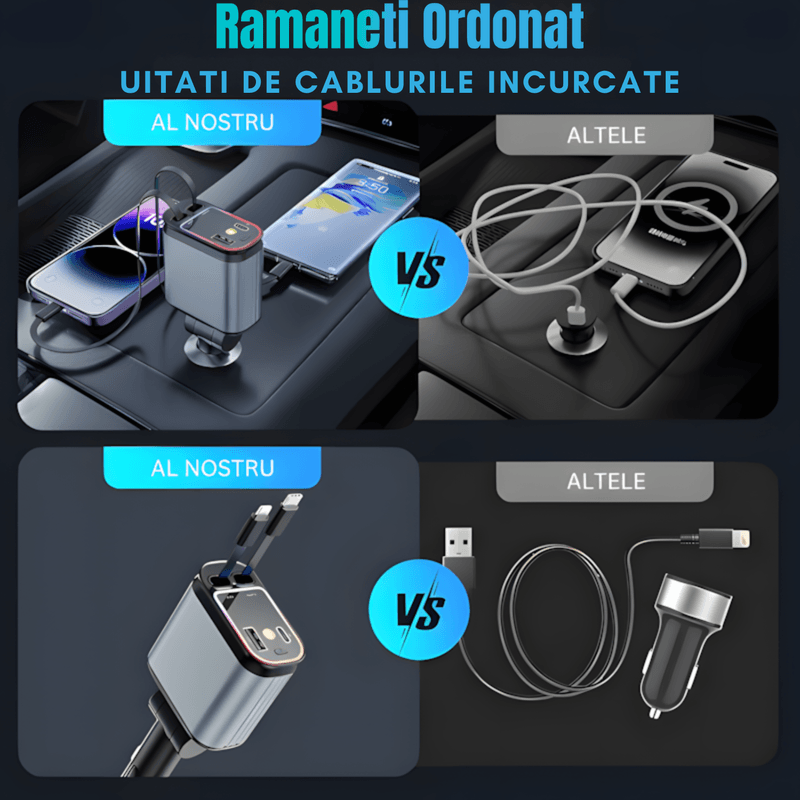 Laptop, Telefoane si Tablete - Telefoane mobile si accesorii - Accesorii Telefoane - Incarcatoare telefoane - Incarcator Auto Retractabil 4-in-1, 66W, Cabluri Retractabile Lightning & Type-C, USB-A si USB-C, Proiectie Stelara - Infinity.ro