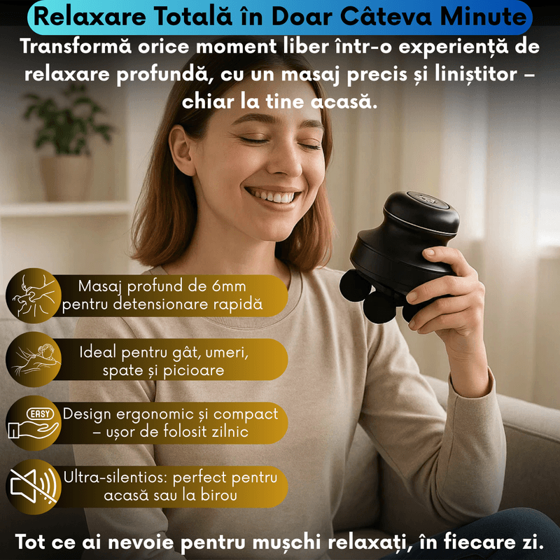 Ingrijire personala si Cosmetice - Sanatate si wellness - Articole wellness - Aparate si dispozitive de masaj - Aparat de Masaj Percutant cu Motor Fara Perii, 5 Viteze Reglabile 1200-2500 RPM, 4 Capete, Autonomie Extinsa - Infinity.ro