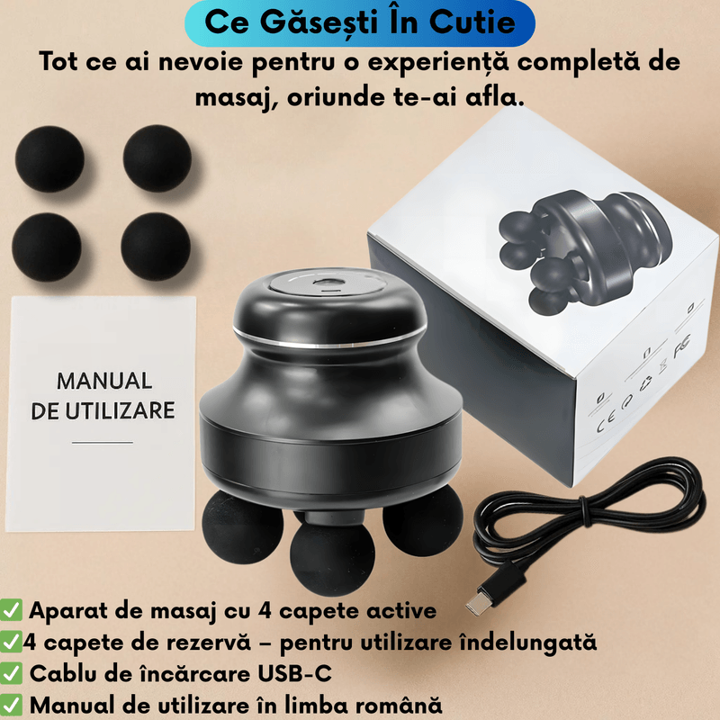 Ingrijire personala si Cosmetice - Sanatate si wellness - Articole wellness - Aparate si dispozitive de masaj - Aparat de Masaj Percutant cu Motor Fara Perii, 5 Viteze Reglabile 1200-2500 RPM, 4 Capete, Autonomie Extinsa - Infinity.ro
