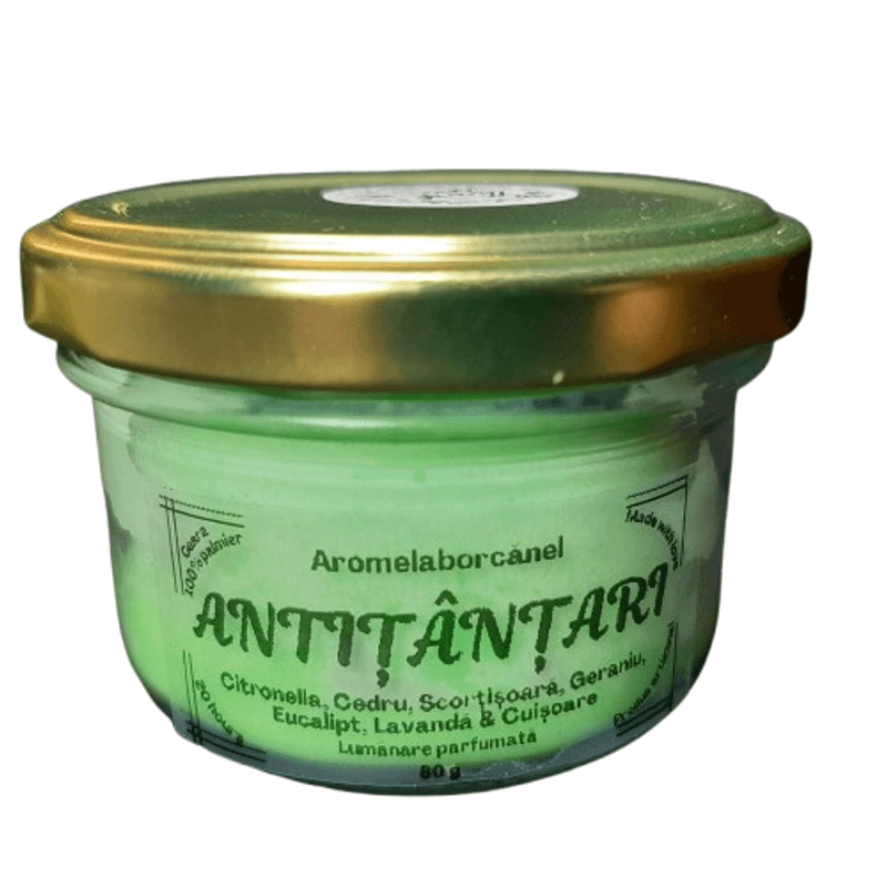 Casa si Gradina - Decoratiuni - Aromaterapie si lumanari - Lumanari si candele - Lumânare parfumată Antițânțari – Citronella, Eucalipt, Scortișoară, Cuișoare, handmade, 80g - Infinity.ro