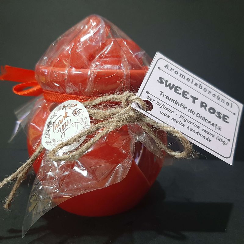 Casa si Gradina - Decoratiuni - Aromaterapie si lumanari - Ceara parfumata - Set difuzor Wax Melts si figurine ceara soia parfumata, Sweet Rose – Trandafir de Dulceață, aromaterapie - Infinity.ro
