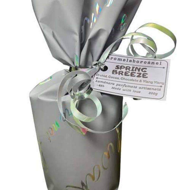 Casa si Gradina - Decoratiuni - Aromaterapie si lumanari - Lumanari si candele - Lumânare parfumată cu fitil lemn, Spring Breeze – Orhidee, Cacao, Ciocolată și Ylang Ylang, handmade, 200g - Infinity.ro