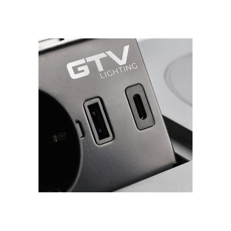 Casa si Gradina - Electrice - Prize - Priza incorporabila dreptunghiulara, 1 priza schuko, 2 USB A, cablu 1.5 m, aluminiu, incarcare wireless, GTV - Infinity.ro
