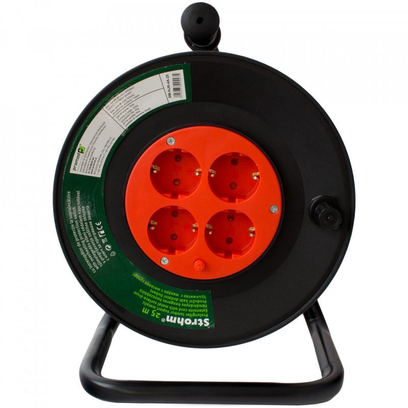 Casa si Gradina - Electrice - Accesorii electrice - Prelungitoare, triple, fise - Prelungitor derulator 25m, 4 prize cu impamantare, cablu 3x1,suport plastic+metal, Strohm - Infinity.ro