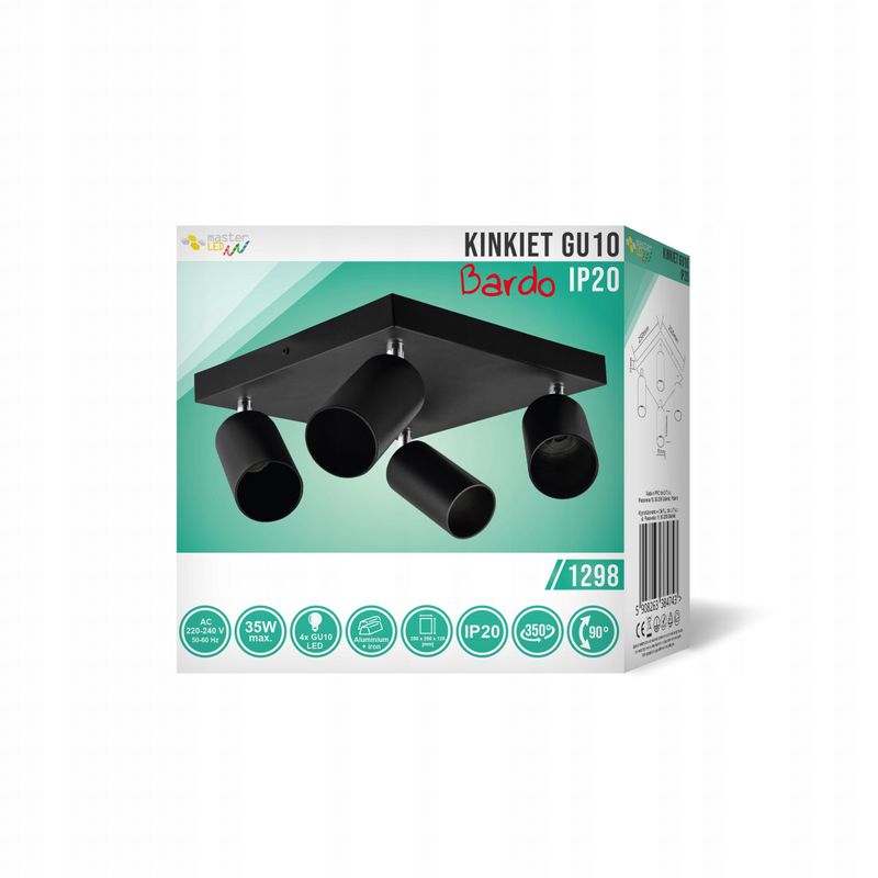 Casa si Gradina - Corpuri si surse de iluminat - Plafoniere, aplice si spoturi - Spot Bardo 1298-LVT, orientabil, 4xGU10, negru, IP20, Masterled - Infinity.ro