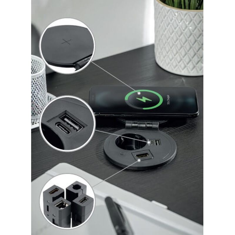 Casa si Gradina - Electrice - Prize - Priza incorporabila rotunda, 1xSchuko, USB A+C + 1 port(USB A, HDMI, RJ45), incarcare Wireless 5 W, 1.5m, alba, GTV - Infinity.ro