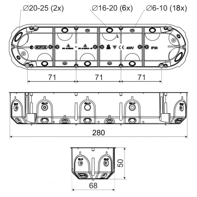 Casa si Gradina - Electrice - Cabluri electrice si conductori - Doza aparataj pentru rigips, 5 posturi, 213x72x45 mm, Kopos - Infinity.ro