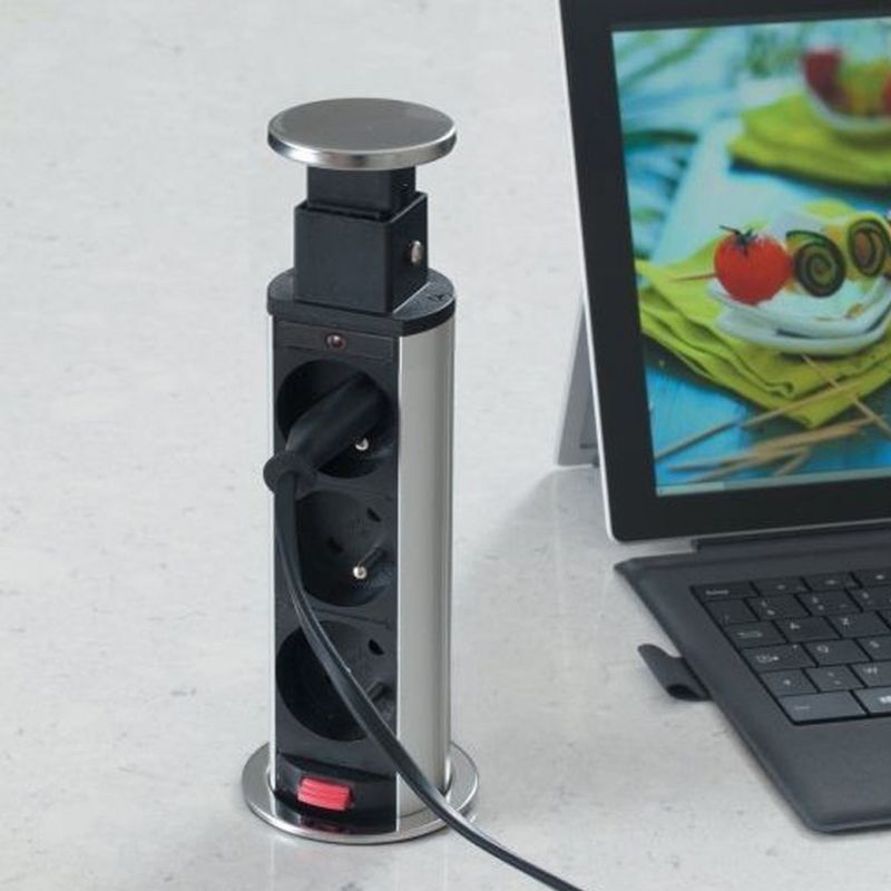 Casa si Gradina - Electrice - Prize - Priza turn incastrabila in blat, 3 prize schuko , cablu 1.5m, negru+argintiu, GTV - Infinity.ro