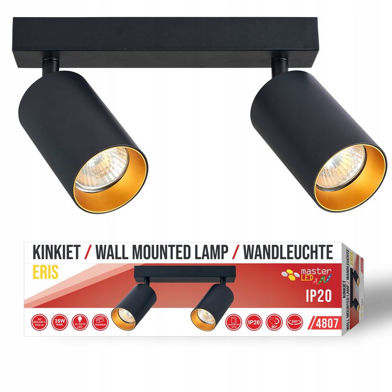 Casa si Gradina - Corpuri si surse de iluminat - Plafoniere, aplice si spoturi - Spot Eris Gold 4807-LVT, orientabil, 2xGU10, negru+auriu, IP20,, Masteled - Infinity.ro