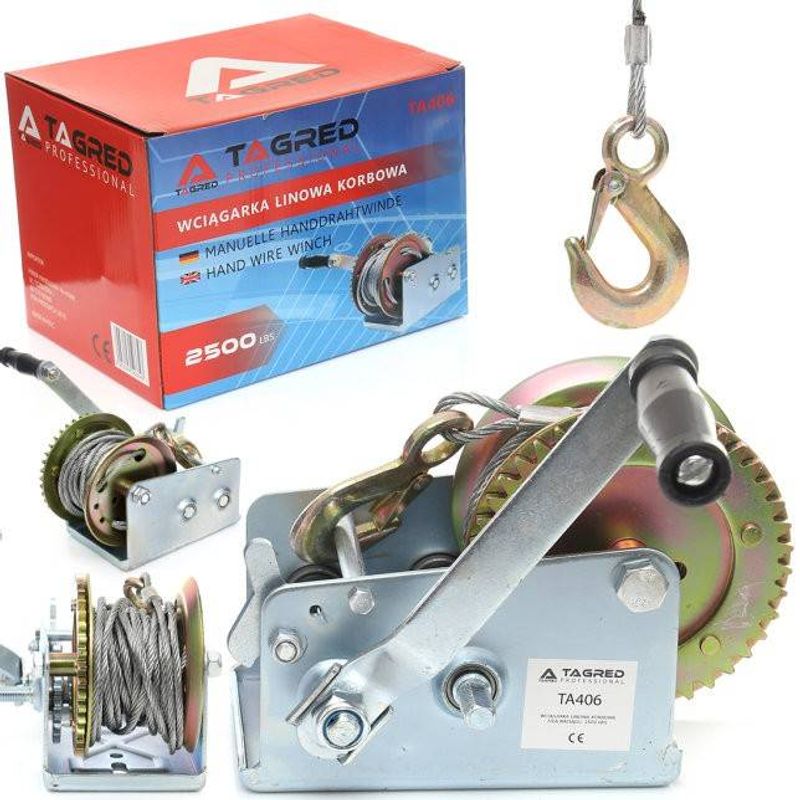 Auto si Moto - Reparatii si depanare - Scule auto - Echipamente de ridicare si sprijin - Troliu manivela 1134kg (2500LBS), franghie 10m, TA406 TAGRED - Infinity.ro