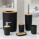 Casa si Gradina - Sanitare - Suporturi si accesorii baie - Accesorii baie - Set Elegant pentru baie format din 6 piese, ABS + lemn, culoare negru/maro - Infinity.ro