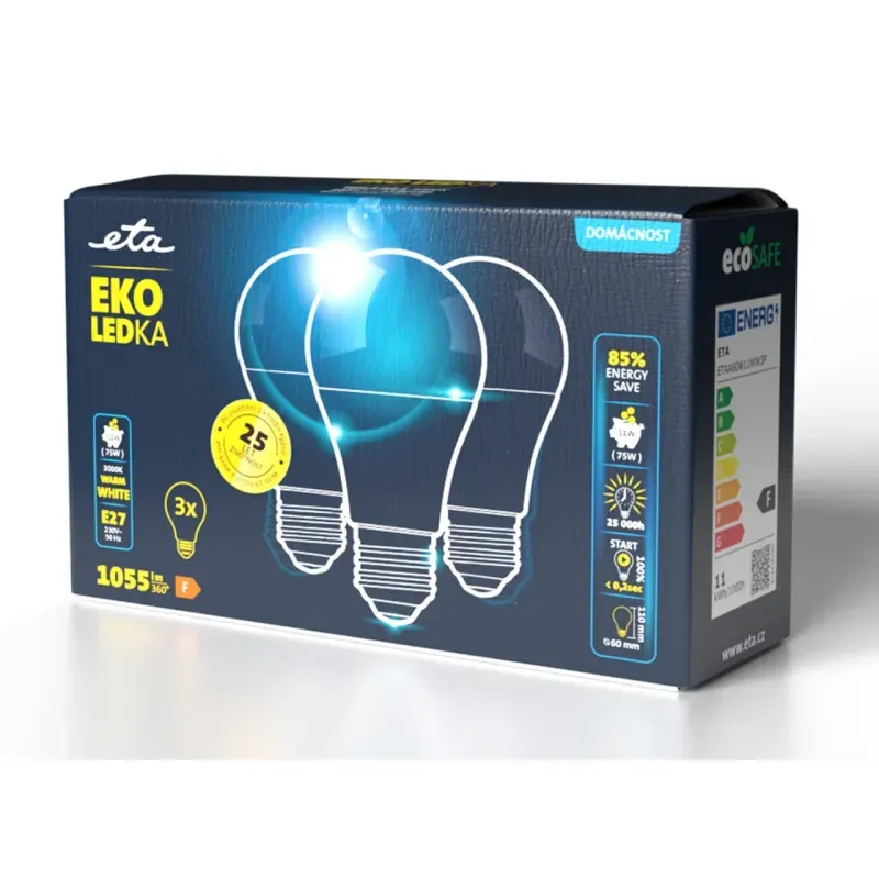 Casa si Gradina - Corpuri si surse de iluminat - Becuri si tuburi neon - Becuri - Set 3 becuri economice LED ETA EKO Classic, 11W (75W), E27, lumina calda - Infinity.ro