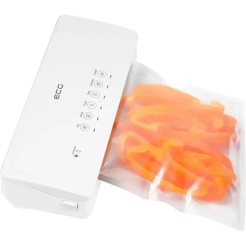 Electronice si Electrocasnice - Electrocasnice bucatarie - Mixere, tocatoare & roboti de bucatarie - Aparate de vidat - Aparat de vidat alimente ECG VacuFresh, 100 W, 30 cm, putere compresor 7-9 l/min, 5 pungi incluse - Infinity.ro