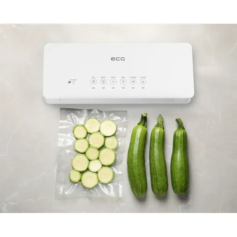 Electronice si Electrocasnice - Electrocasnice bucatarie - Mixere, tocatoare & roboti de bucatarie - Aparate de vidat - Aparat de vidat alimente ECG VacuFresh, 100 W, 30 cm, putere compresor 7-9 l/min, 5 pungi incluse - Infinity.ro