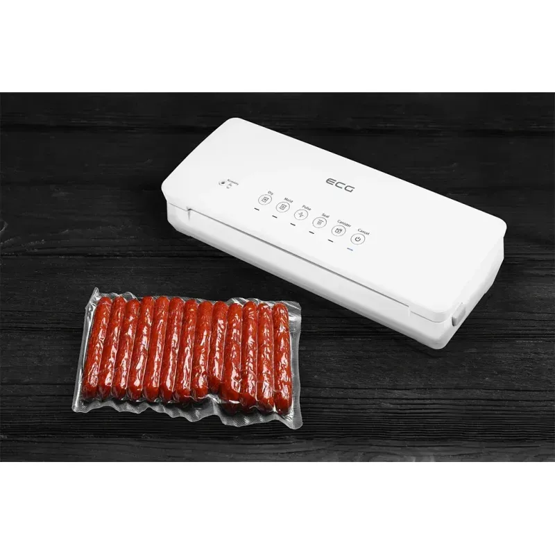 Electronice si Electrocasnice - Electrocasnice bucatarie - Mixere, tocatoare & roboti de bucatarie - Aparate de vidat - Aparat de vidat alimente ECG VacuFresh, 100 W, 30 cm, putere compresor 7-9 l/min, 5 pungi incluse - Infinity.ro