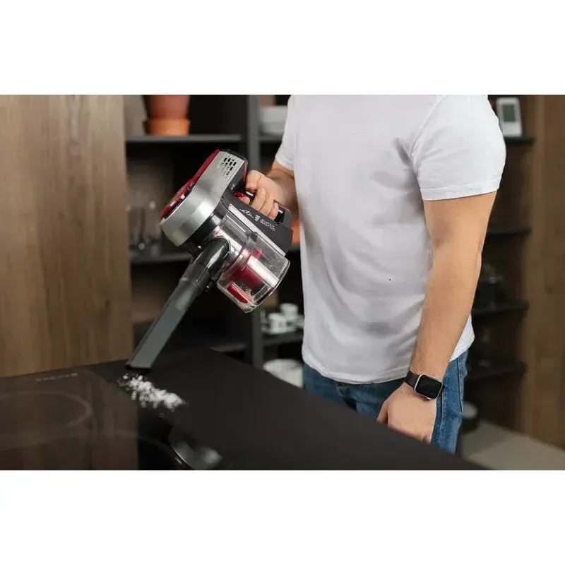 Electronice si Electrocasnice - Ingrijirea locuintei - Aspiratoare - Aspirator vertical 2 in 1 fara fir ETA Elastic 2231, Li-ion 21.6 V, 0.45 l, tub flexibil, negru cu rosu - Infinity.ro