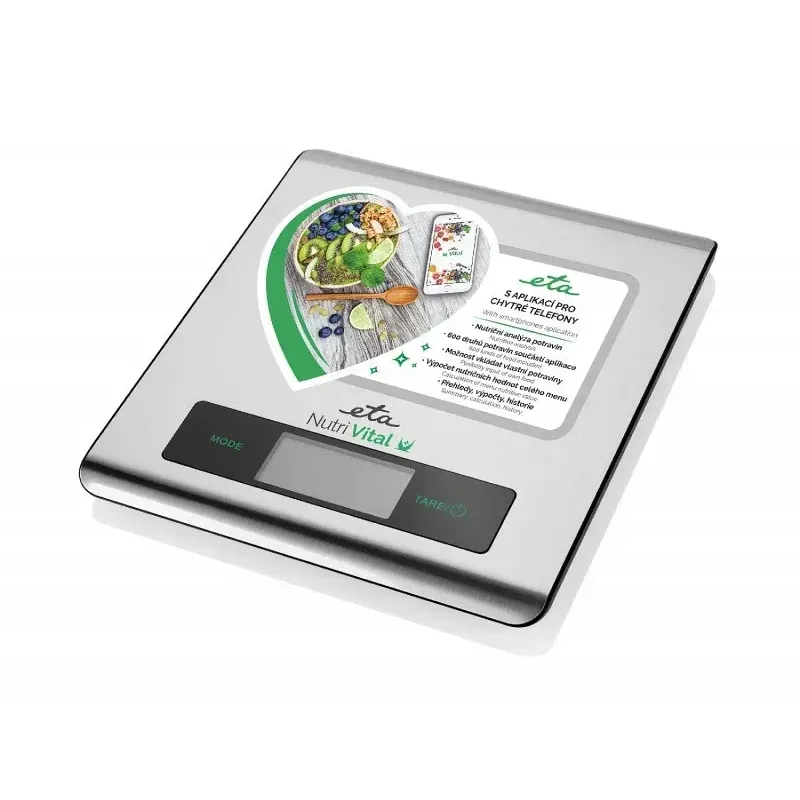 Electronice si Electrocasnice - Electrocasnice bucatarie - Mixere, tocatoare & roboti de bucatarie - Cantare de bucatarie - Cantar de bucatarie ETA Nutri Vital Smart 0790 90000, 5 Kg, precizie 1 g, tehnologie wireless , otel inoxidabil - Infinity.ro