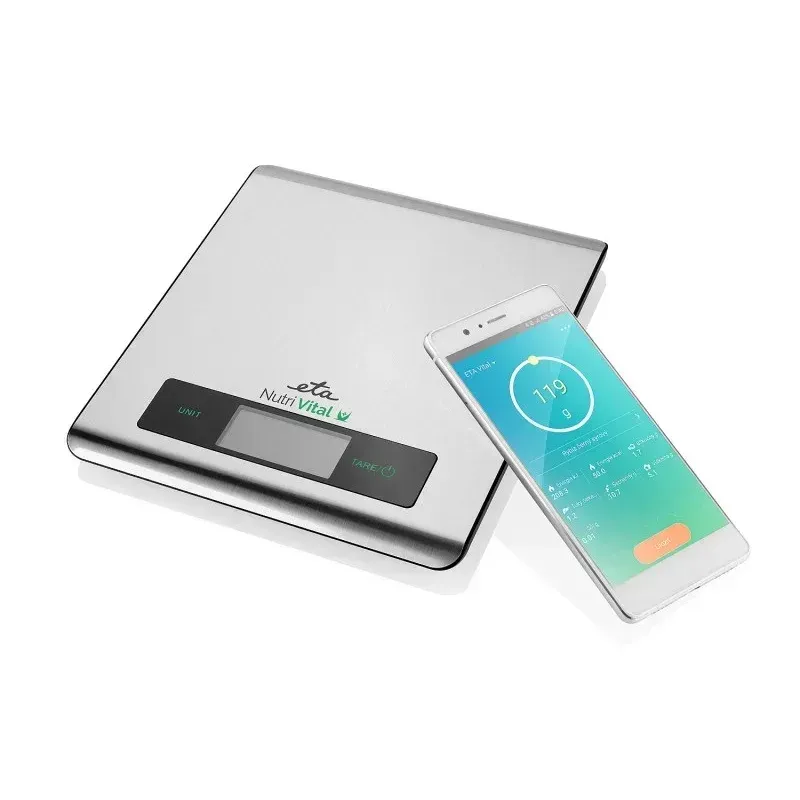 Electronice si Electrocasnice - Electrocasnice bucatarie - Mixere, tocatoare & roboti de bucatarie - Cantare de bucatarie - Cantar de bucatarie ETA Nutri Vital Smart 0790 90000, 5 Kg, precizie 1 g, tehnologie wireless , otel inoxidabil - Infinity.ro