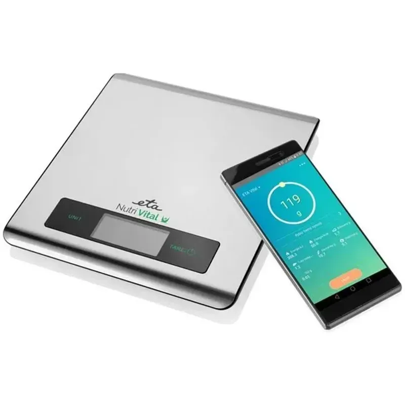 Electronice si Electrocasnice - Electrocasnice bucatarie - Mixere, tocatoare & roboti de bucatarie - Cantare de bucatarie - Cantar de bucatarie ETA Nutri Vital Smart 0790 90000, 5 Kg, precizie 1 g, tehnologie wireless , otel inoxidabil - Infinity.ro
