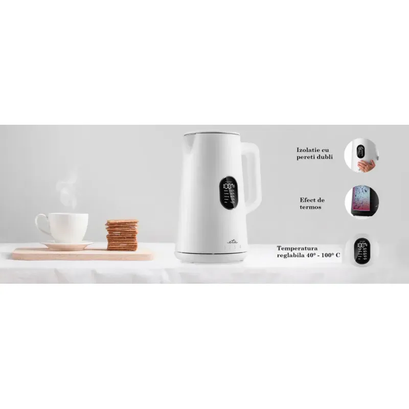Casa si Gradina - Bucatarie si vesela - Vase pentru gatit - Ibrice - Cana fierbator ETA Elsa 5597 90010 alba, 1,5 L, 1800 W, izolare cu pereti dubli, 40 - 100 ° C, otel inoxidabil - Infinity.ro