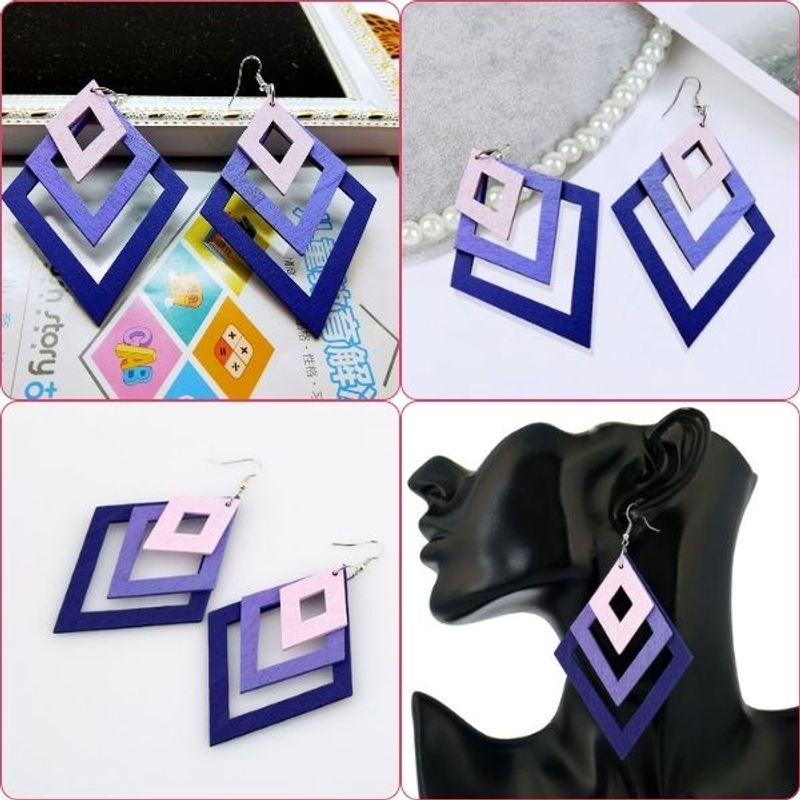 Fashion, accesorii si bijuterii - Femei - Bijuterii femei - Cercei femei - Set 3 buc. Cercei din Lemn, Forme Geometrice, Model Romburi, Multicolor - Infinity.ro