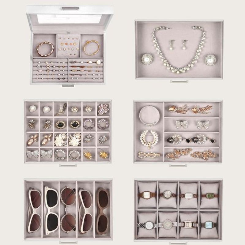 Fashion, accesorii si bijuterii - Femei - Bijuterii femei - Cutii bijuterii - Cutie pentru Bijuterii si Ceasuri, 5 Sertare, Oglinda, MDF si Catifea, 30.2 x 21 x 31.3 cm, Alb - Infinity.ro