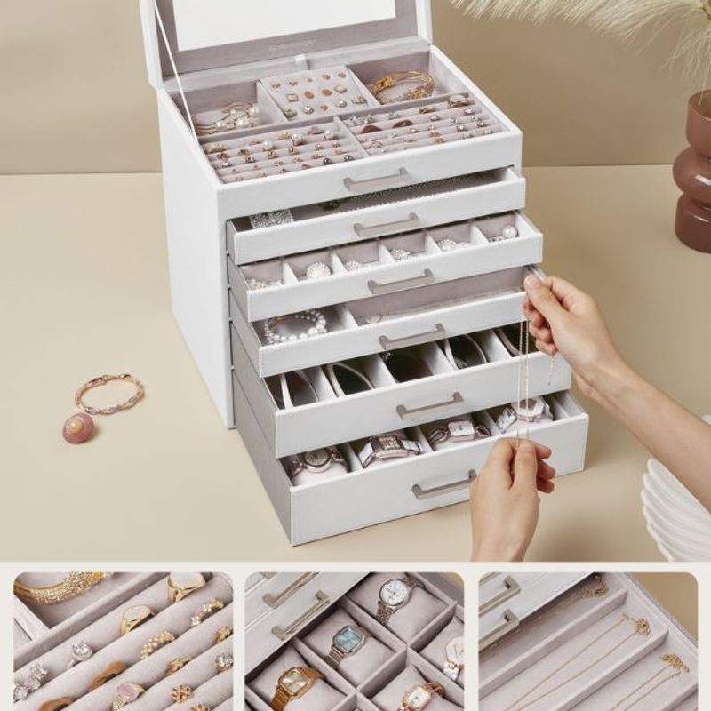 Fashion, accesorii si bijuterii - Femei - Bijuterii femei - Cutii bijuterii - Cutie pentru Bijuterii si Ceasuri, 5 Sertare, Oglinda, MDF si Catifea, 30.2 x 21 x 31.3 cm, Alb - Infinity.ro