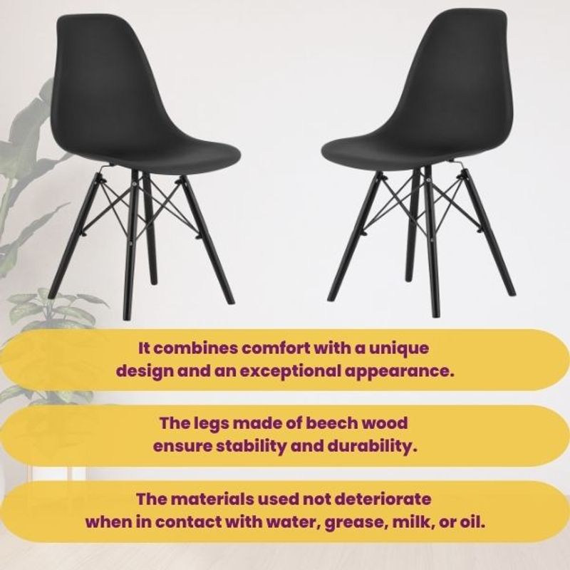 Casa si Gradina - Mobilier - Scaune si fotolii - Scaune - Set 2 Scaune, Stil Scandinav cu Picioare din Lemn de Fag, Sezut PP, 46 x 54 x 81 cm, Negru - Infinity.ro