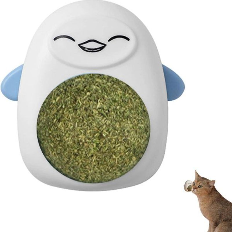 Petshop - Accesorii petshop - Jucarii animale - Jucarii interactive animale - Jucarie interactiva Model Pinguin pentru pisicute cu minge rotativa 360° din iarba Catnip, 4.3 x 6 cm, Albastru - Infinity.ro