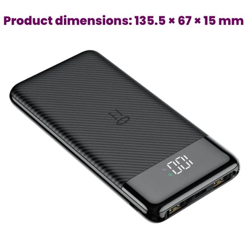 Laptop, Telefoane si Tablete - Telefoane mobile si accesorii - Accesorii Telefoane - Baterii externe - Baterie Reincarcabila, Powerbank 10.000 mAh, Display LED, Li-Po, 2 X USB, 1 X USB-C, 37Wh, 135.5 × 67 × 15 mm, Negru - Infinity.ro