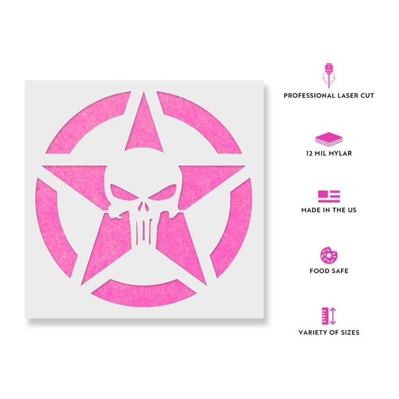 Casa si Gradina - Decoratiuni - DIY - Sabloane decorative pereti - Sablon Perete vopsire, tencuiala 0.7mm Craniu Punisher cu Stea model MXSP7451, 500 x 500 mm - Infinity.ro