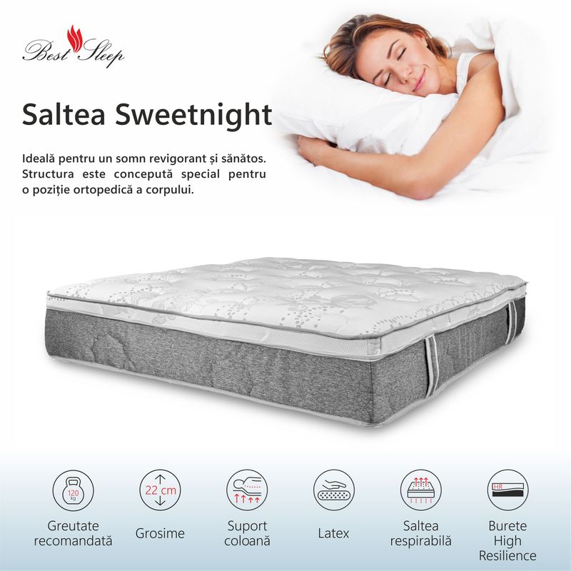 Casa si Gradina - Mobilier - Saltele si somiere - Saltele - Saltea Ortopedica, Best Sleep, Sweet Night,70x200x22 cm,4+2+14, latex, hipoalergenica, husa matlasata - Infinity.ro
