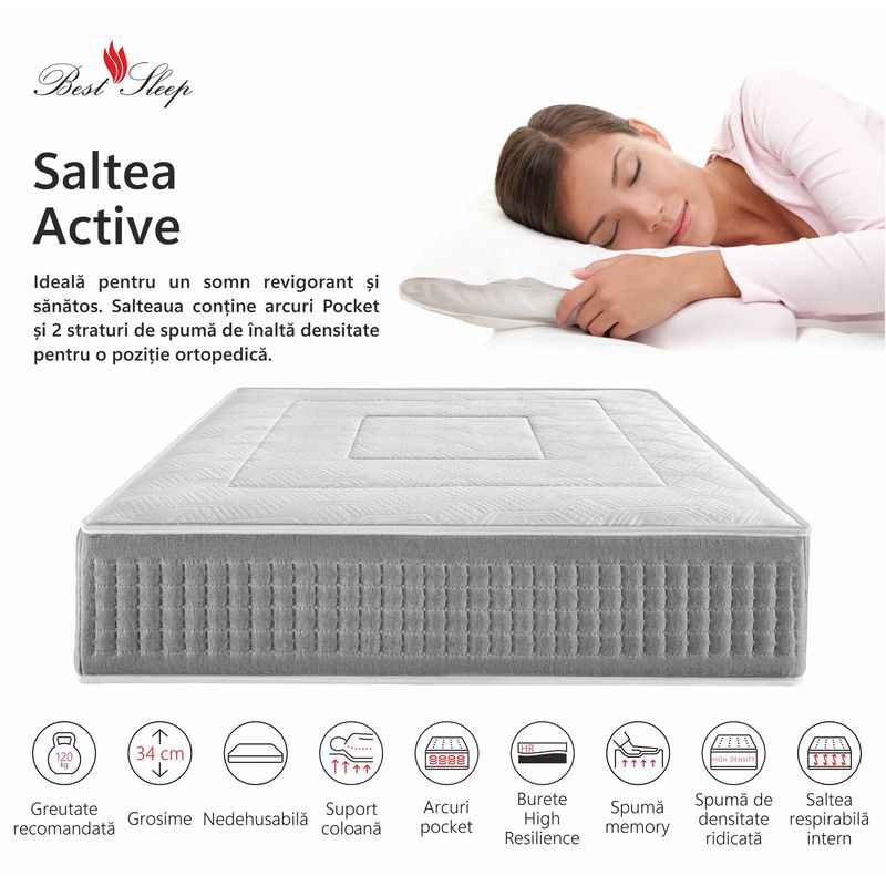 Casa si Gradina - Mobilier - Saltele si somiere - Saltele - Saltea superortopedica Best Sleep Active, 120x190x34cm, Arcuri Pocket,  high resilience,  memory, 7 zone de confort - Infinity.ro