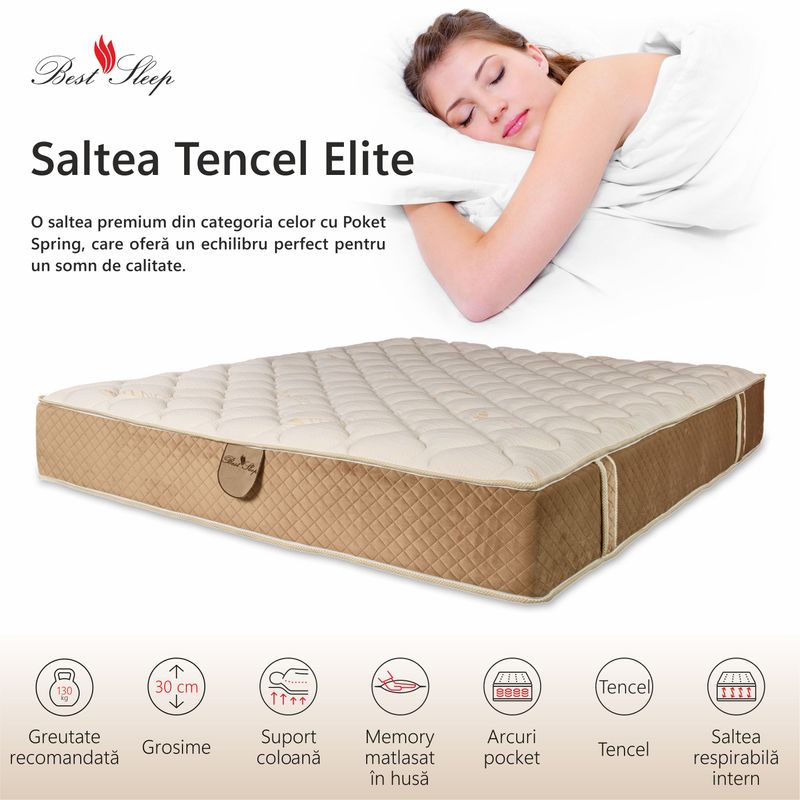 Casa si Gradina - Mobilier - Saltele si somiere - Saltele - Saltea Ortopedica,Best Sleep,Tencel Elite,80x200x30 cm,Arcuri pocket, Husa matlasata cu spuma memory,fermitate medie - Infinity.ro