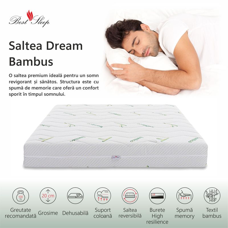 Casa si Gradina - Mobilier - Saltele si somiere - Saltele - Saltea ortopedica BEST SLEEP Dream Bambus, 180x190x20cm, spuma poliuretanica cu memorie, hipoalergenica, antibacteriana - Infinity.ro