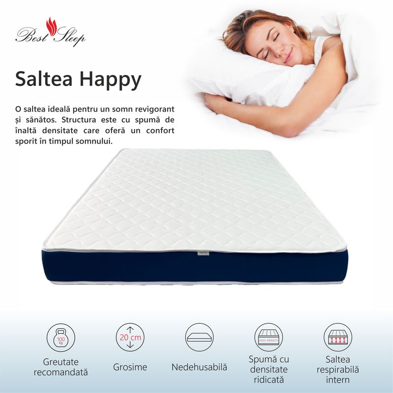 Casa si Gradina - Mobilier - Saltele si somiere - Saltele - Saltea Ortopedica, BestSleep, Happy, 190x95x20 cm, spuma poliuretanica, hipoalergenic, reversibila, ferma - Infinity.ro