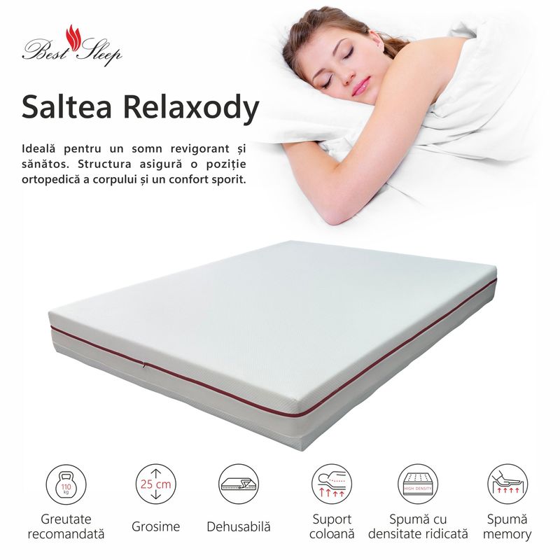 Casa si Gradina - Mobilier - Saltele si somiere - Saltele - Saltea ortopedica impermeabila, Best Sleep, Relaxody, 80x190x25cm, spuma poliuretanica, spuma cu memorie, lavabila - Infinity.ro