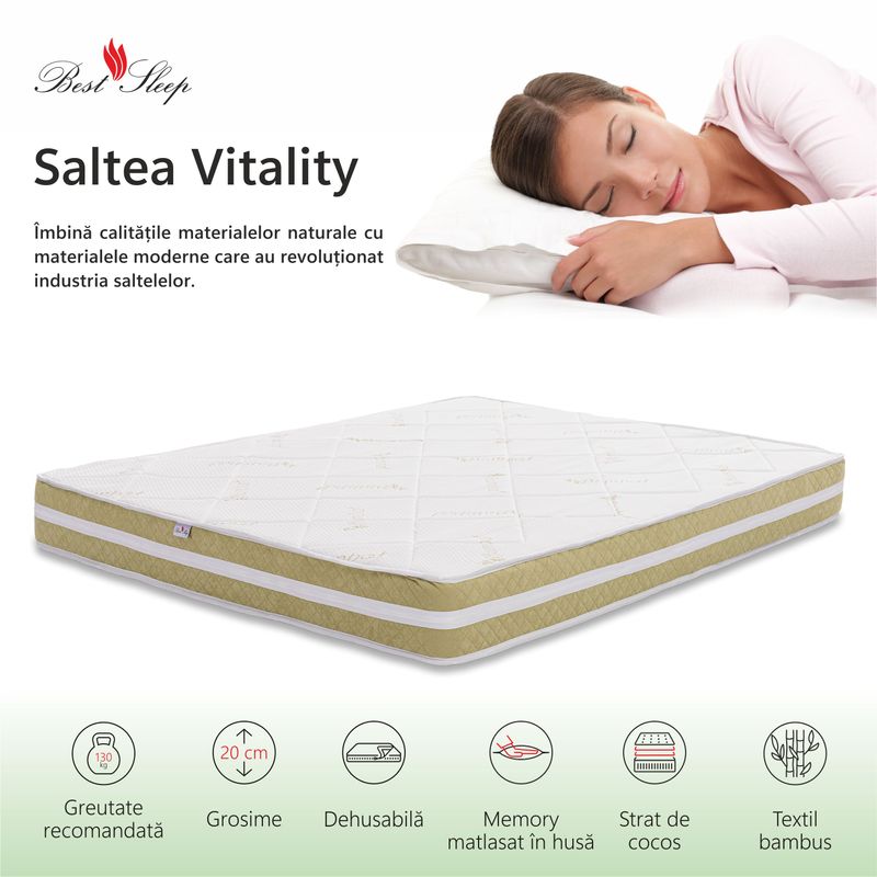 Casa si Gradina - Mobilier - Saltele si somiere - Saltele - Saltea Ortopedica, Best Sleep, Vitality Bambus 12+2+6, 110x200x20 cm, spuma poliuretanica cu memorie si fibre de cocos - Infinity.ro