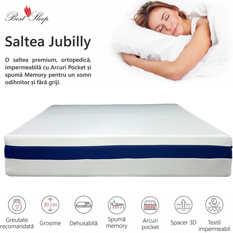 Casa si Gradina - Mobilier - Saltele si somiere - Saltele - Saltea ortopedica impermeabila, Best Sleep, Jubilly, 140x190x30cm, arcuri impachetate, spuma cu memorie, lavabila - Infinity.ro