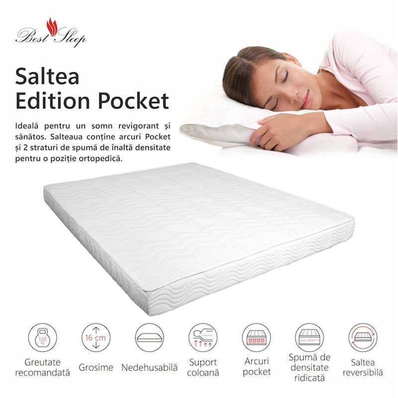 Casa si Gradina - Mobilier - Saltele si somiere - Saltele - Saltea ortopedica BEST SLEEP Edition Pocket, 70x200x16cm, cu arcuri individuale, hipoalergenica, antibacteriana, ferma - Infinity.ro