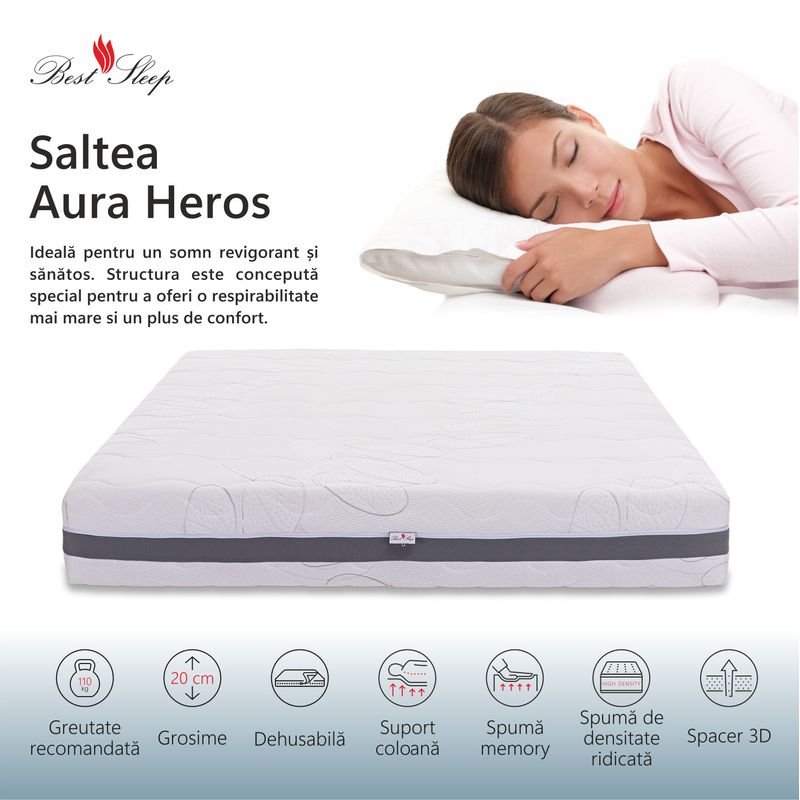 Casa si Gradina - Mobilier - Saltele si somiere - Saltele - Saltea ortopedica BEST SLEEP Aura Heroes, 160x190x20cm, spuma poliuretanica cu memorie, fermitate medie - Infinity.ro